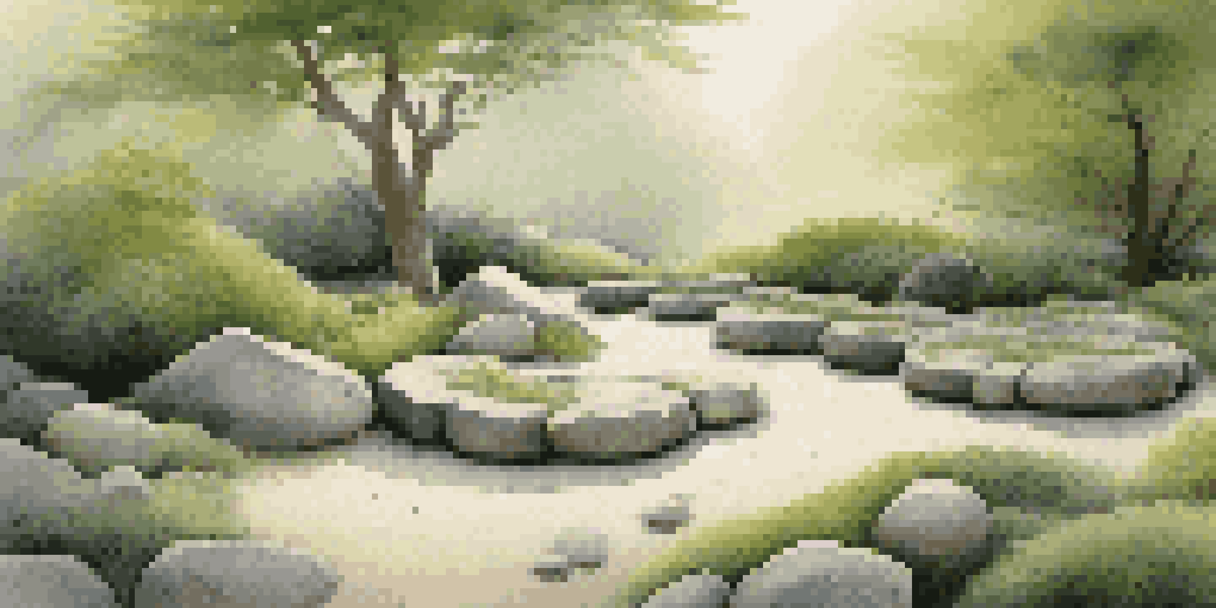 A tranquil Zen garden with raked gravel patterns, smooth stones, and green moss, illuminated by soft morning light, featuring a flowing water feature.