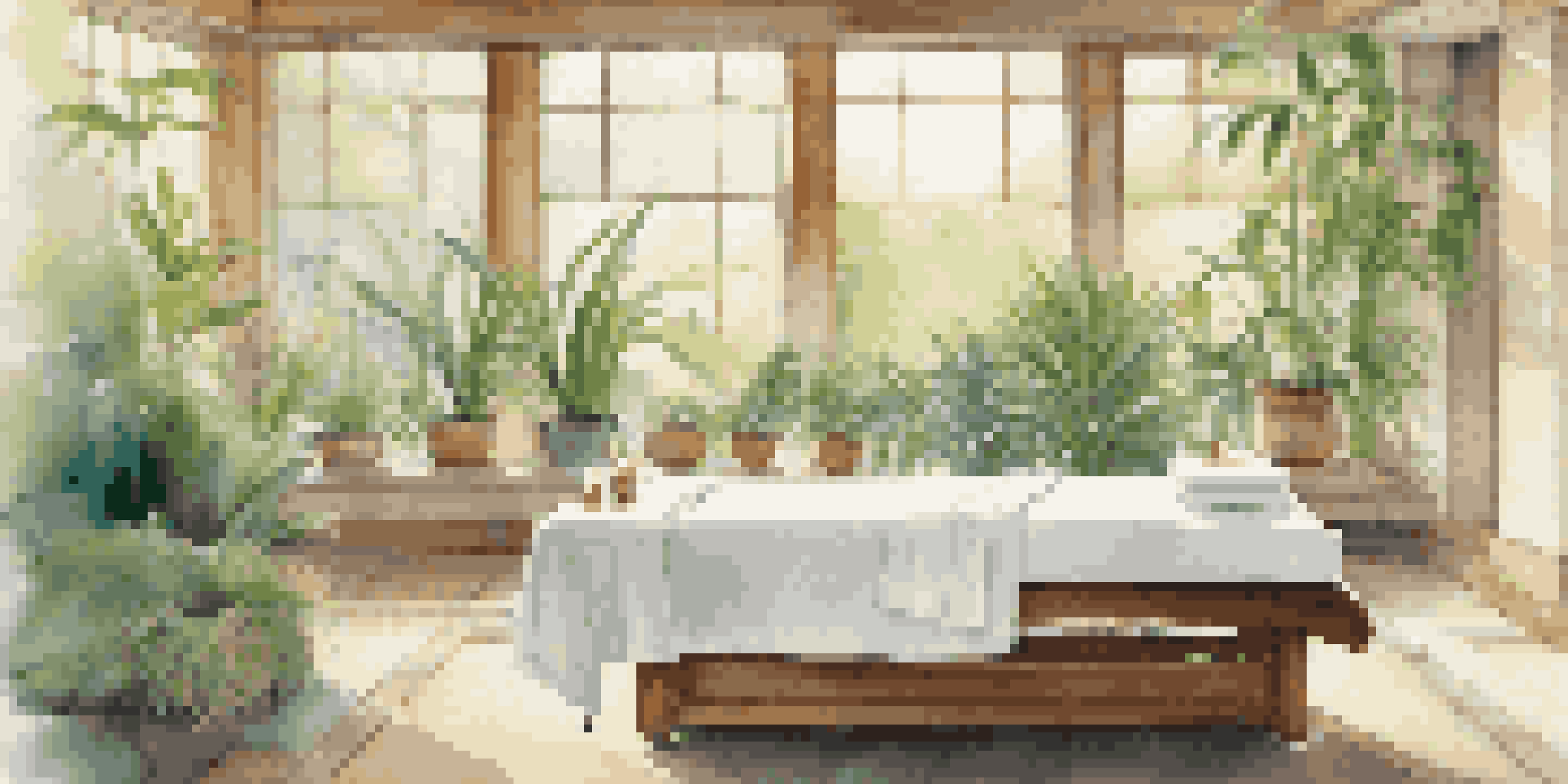 A tranquil spa room filled with natural light, plants, and a massage table, creating a peaceful environment.