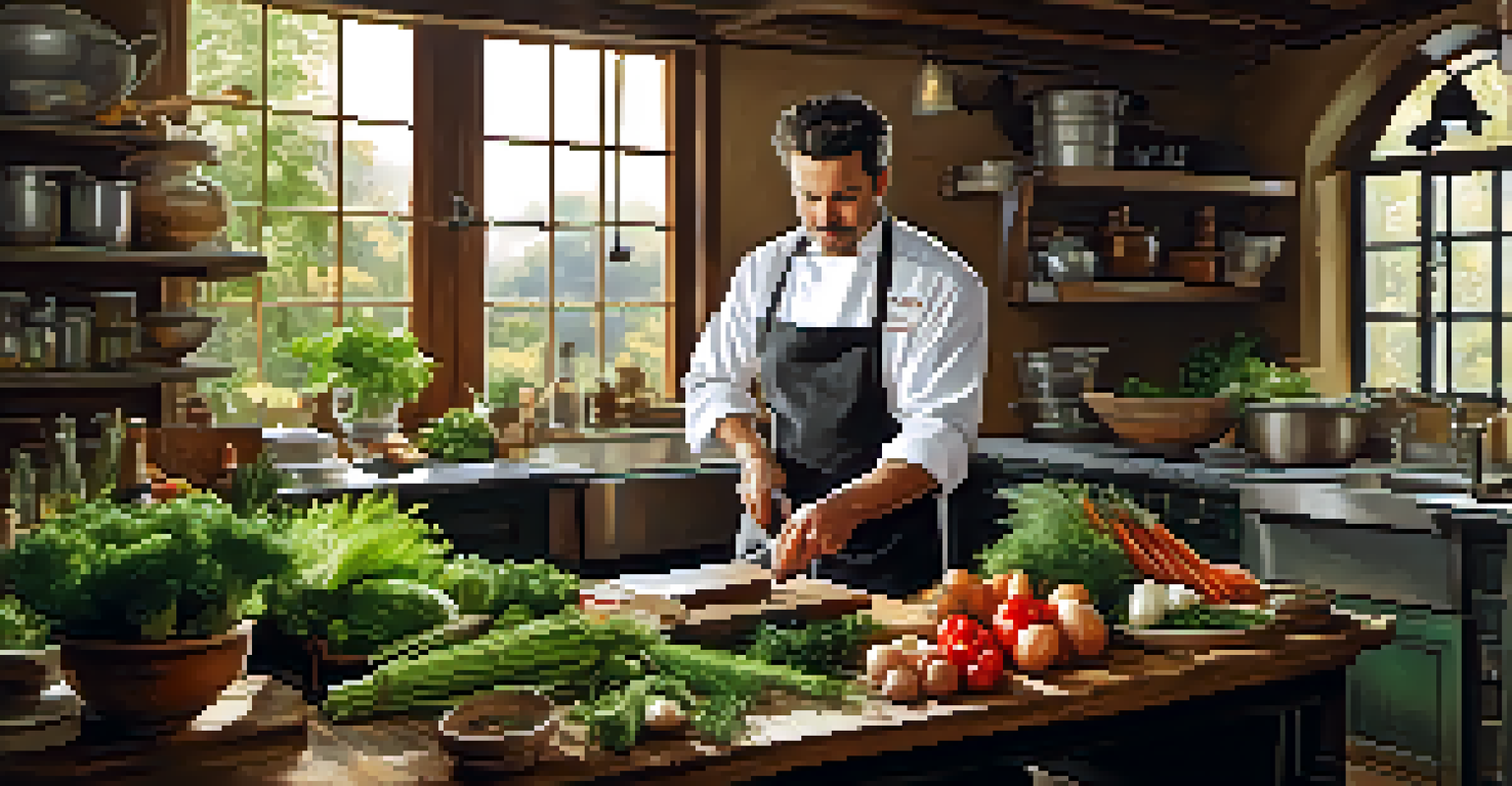 A chef showing cooking techniques in a rustic kitchen filled with fresh ingredients and natural light.