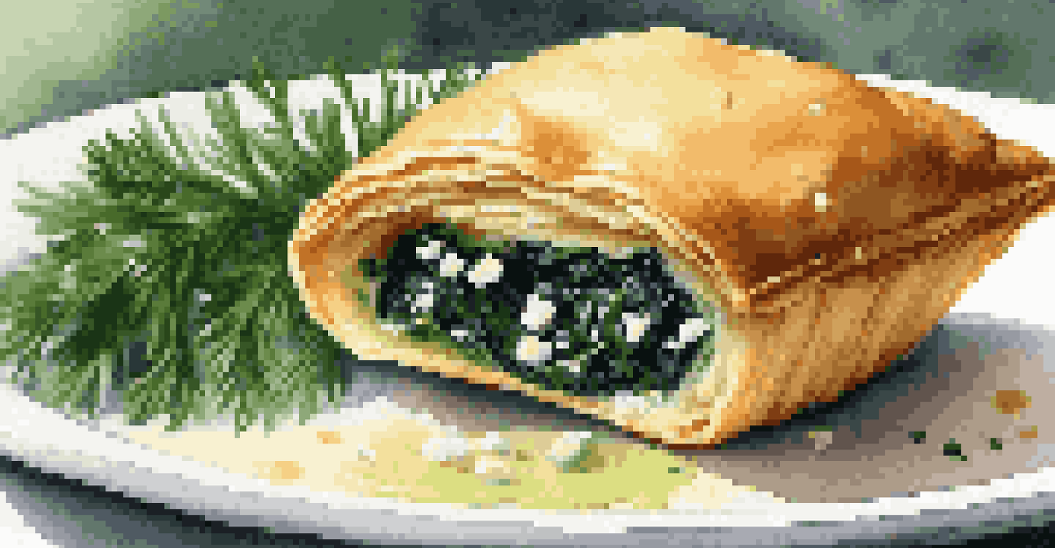 A mini spanakopita pastry with a flaky crust and green spinach filling on a white plate.