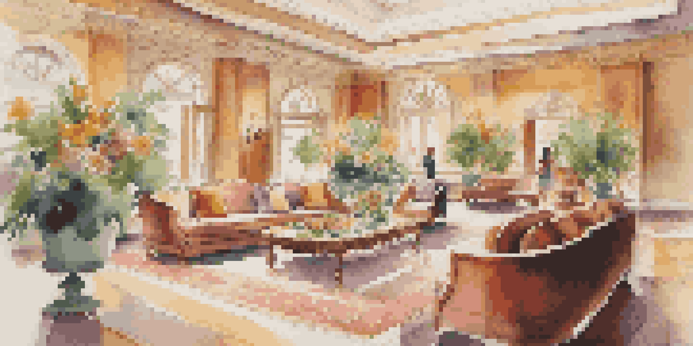 A luxurious hotel lobby featuring fresh flowers, vibrant art, and guests relaxing on plush sofas in warm, natural light.