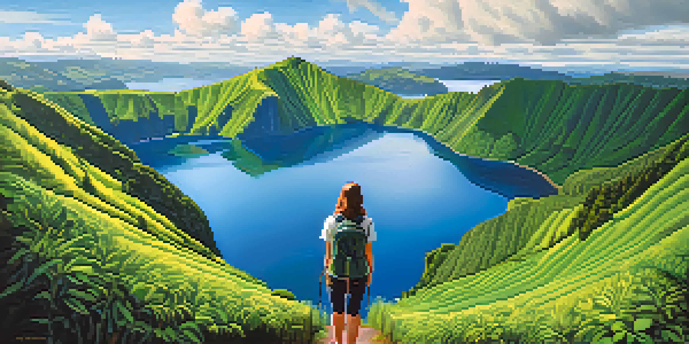 A scenic view of the Sete Cidades lakes, featuring two lakes of different colors surrounded by green hills and a hiker in the foreground.