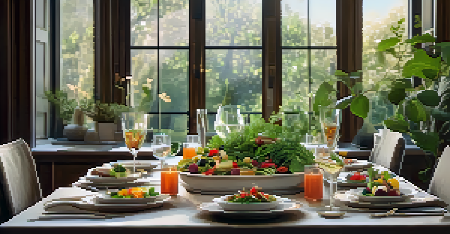 A gourmet wellness meal beautifully arranged on a table with fresh ingredients, elegant tableware, and soft lighting.
