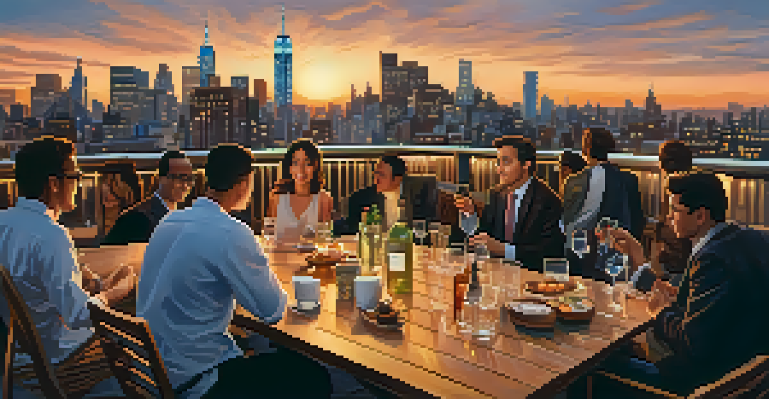 Professionals gathered on a rooftop terrace in New York City, discussing against the skyline backdrop at dusk.