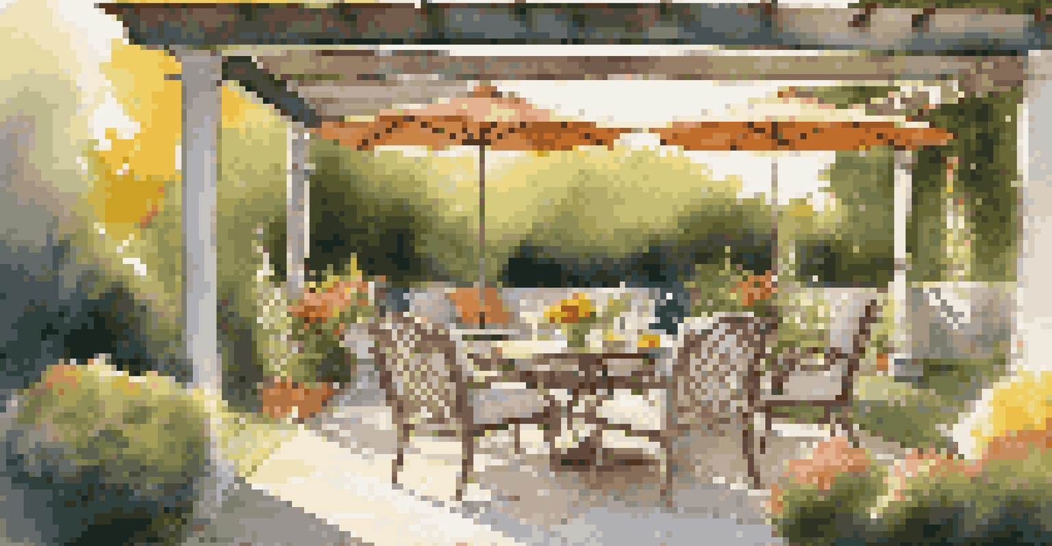 An elegant suburban backyard with a landscaped garden, cozy seating area, and outdoor dining table under a pergola.