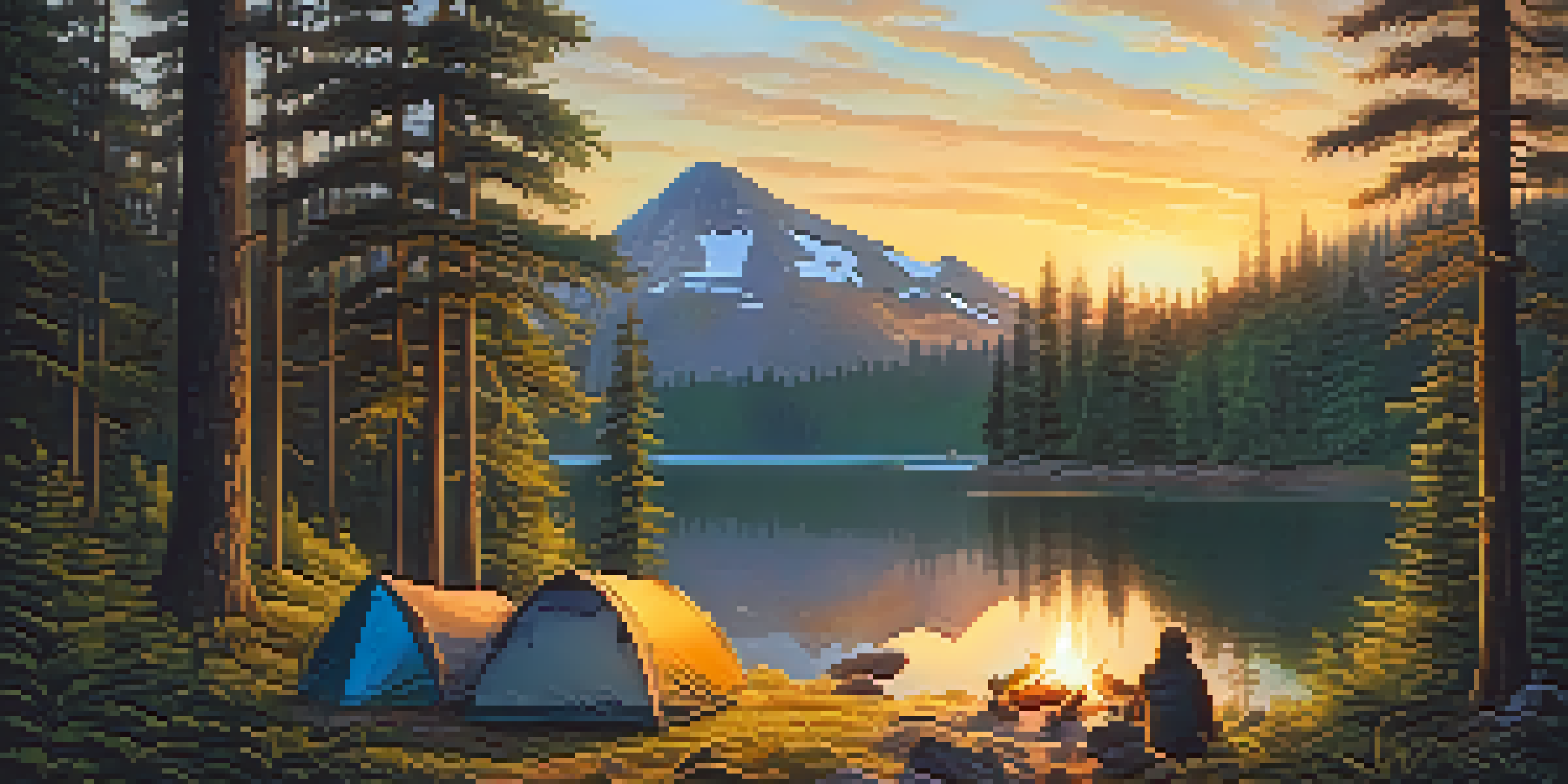 A peaceful camping scene at sunrise with a tent, campfire, and surrounding forest.