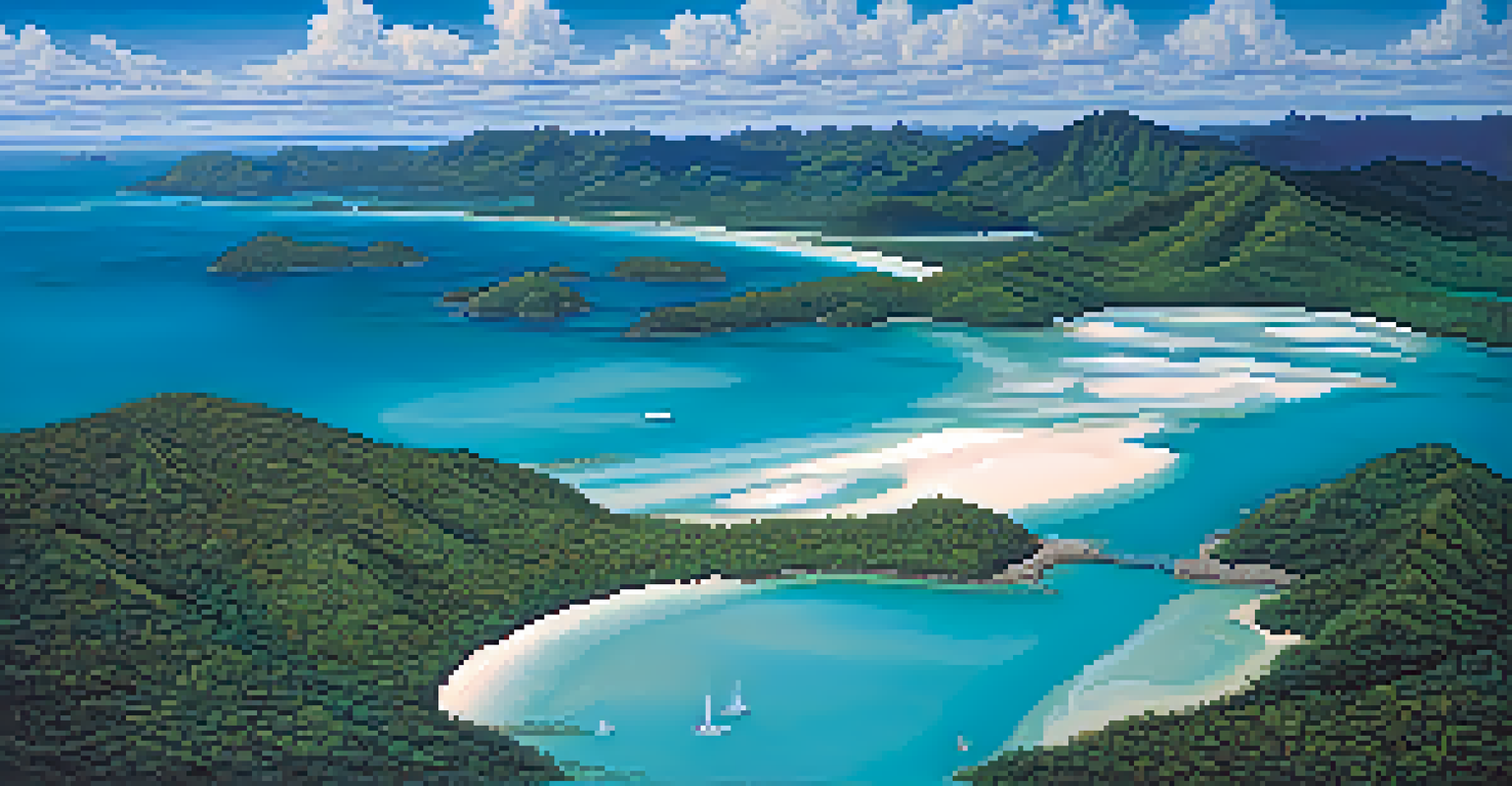 An aerial view of the Whitsunday Islands, highlighting Whitehaven Beach's white sands and turquoise waters surrounded by lush rainforests.