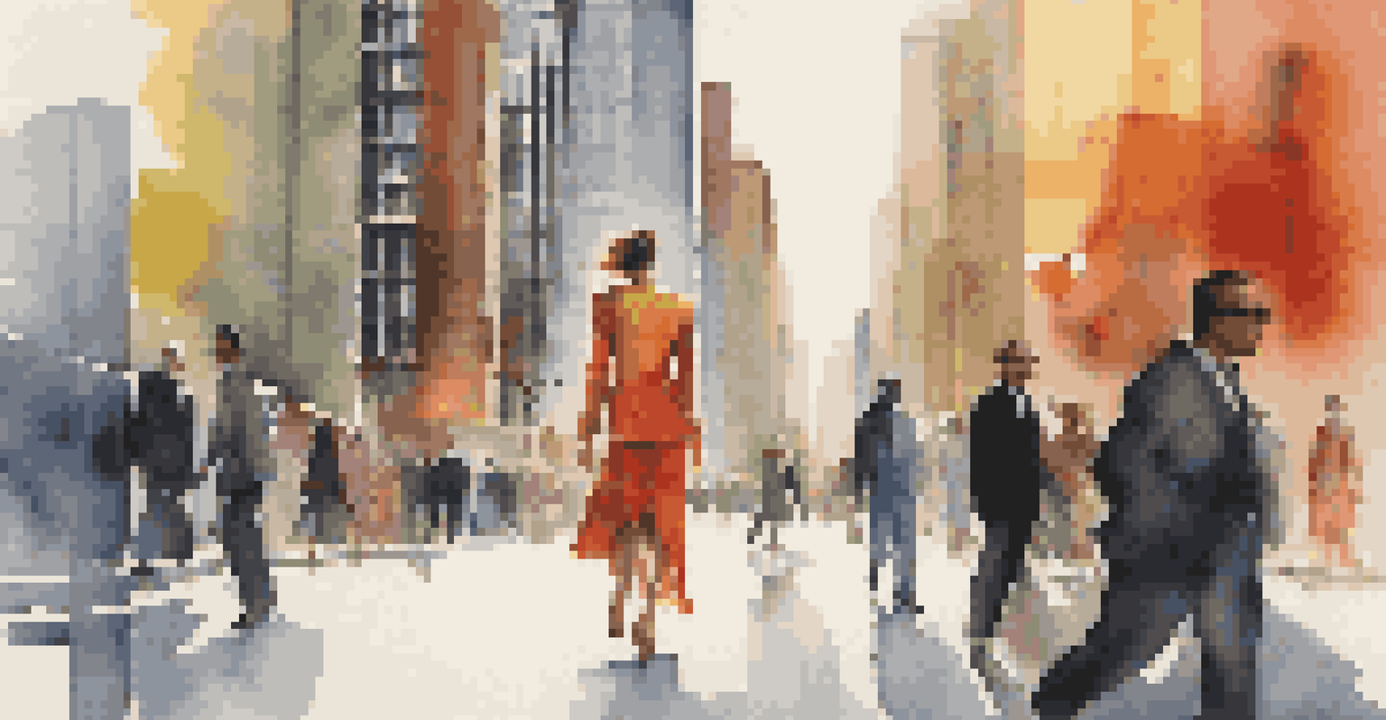 A model in a bold, tailored outfit walks confidently down a busy urban street with glass buildings reflecting the surroundings.