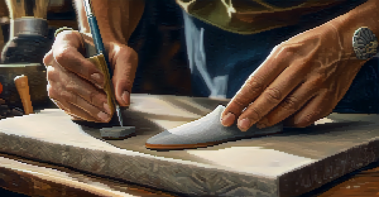An artisan's hands carefully crafting sustainable footwear, surrounded by tools and eco-friendly materials in a warm-lit workshop.