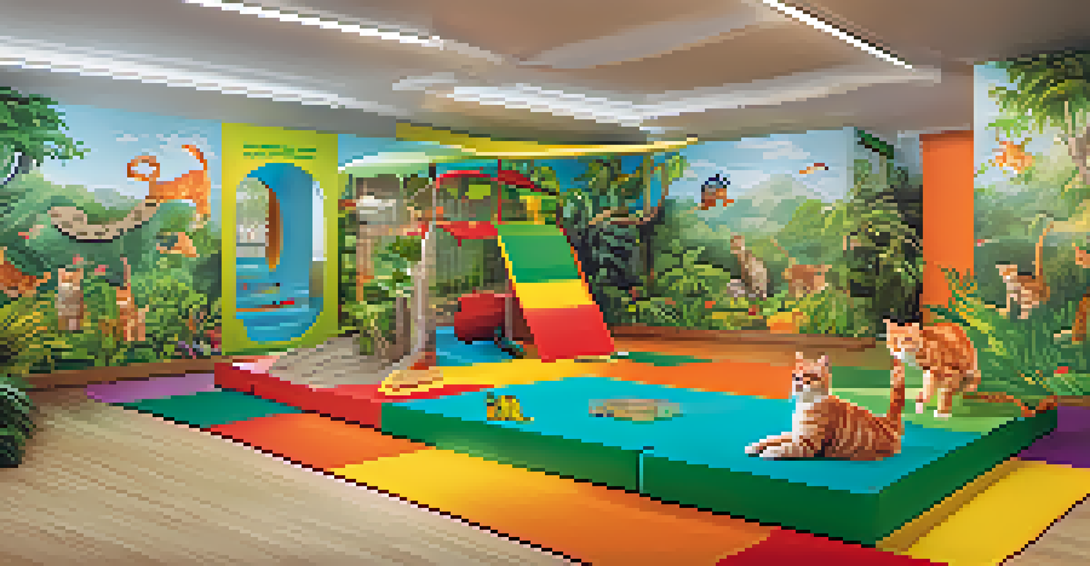 An interactive play area in a luxury cat hotel with a jungle theme, featuring climbing structures and playful cats exploring the vibrant space.