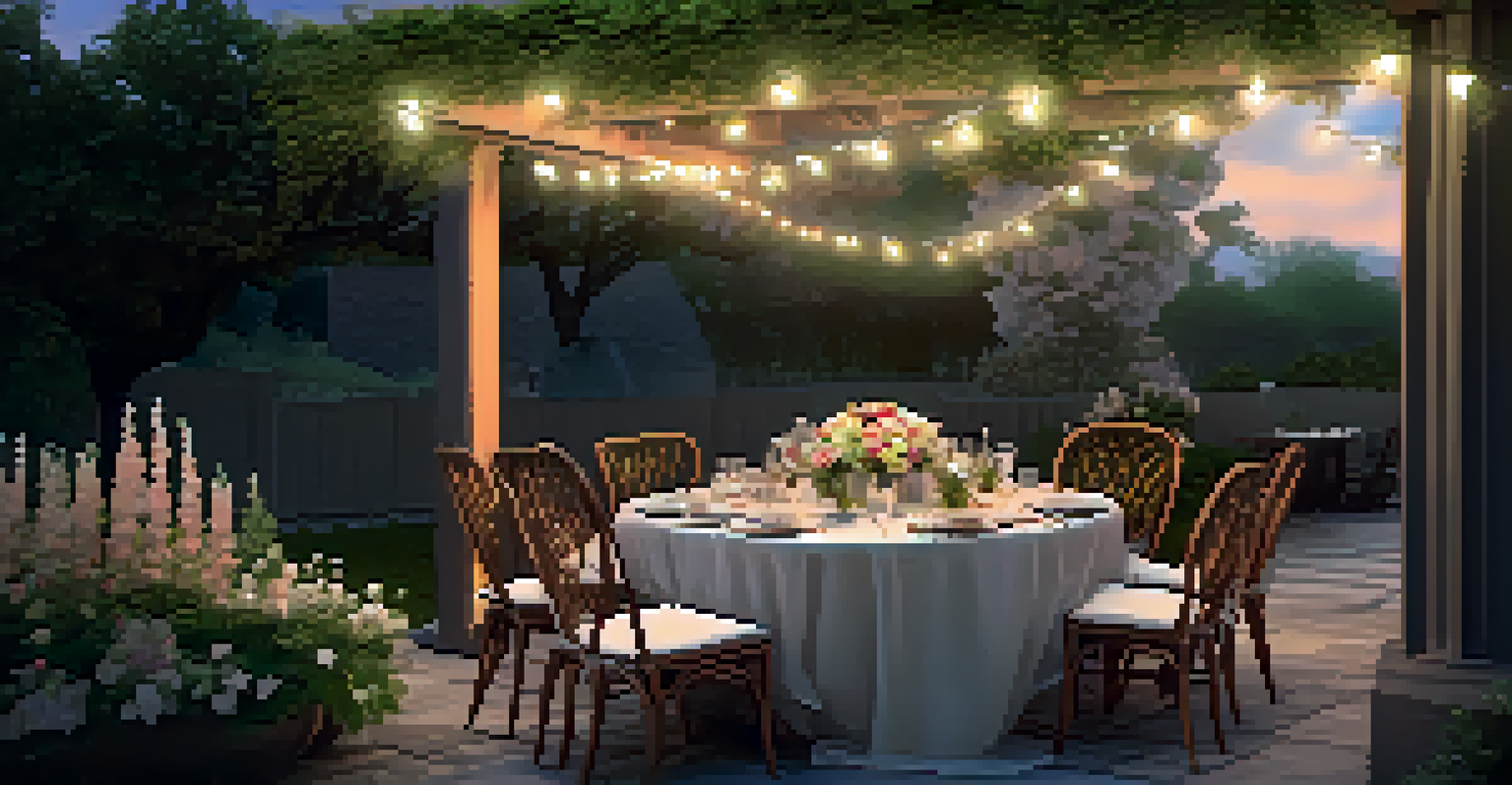 An outdoor dining area with a beautifully arranged table under string lights, surrounded by flowers and a twilight ambiance.
