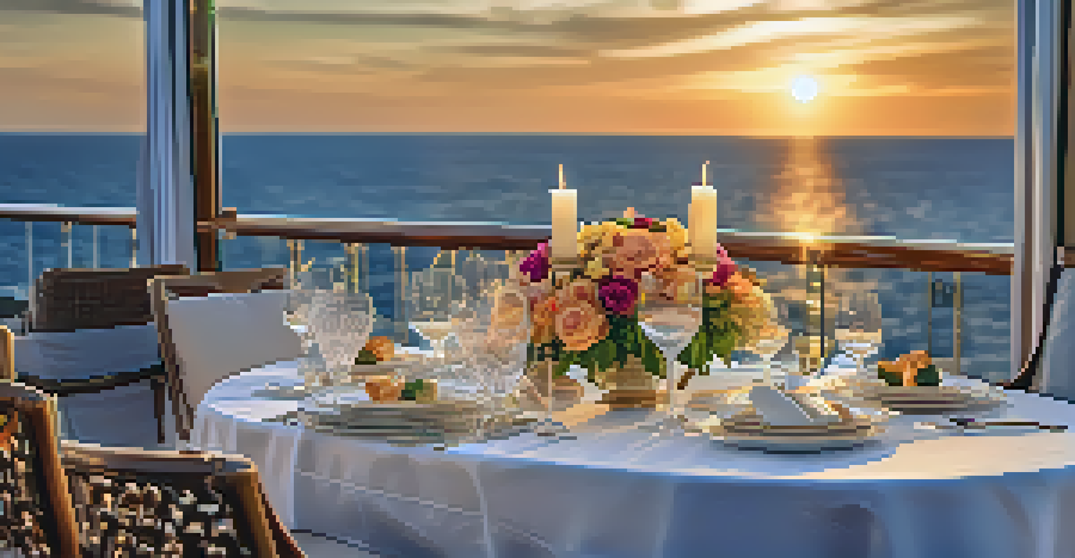 An elegant dining setup on a luxury cruise ship deck at sunset, with fine china and floral arrangements.