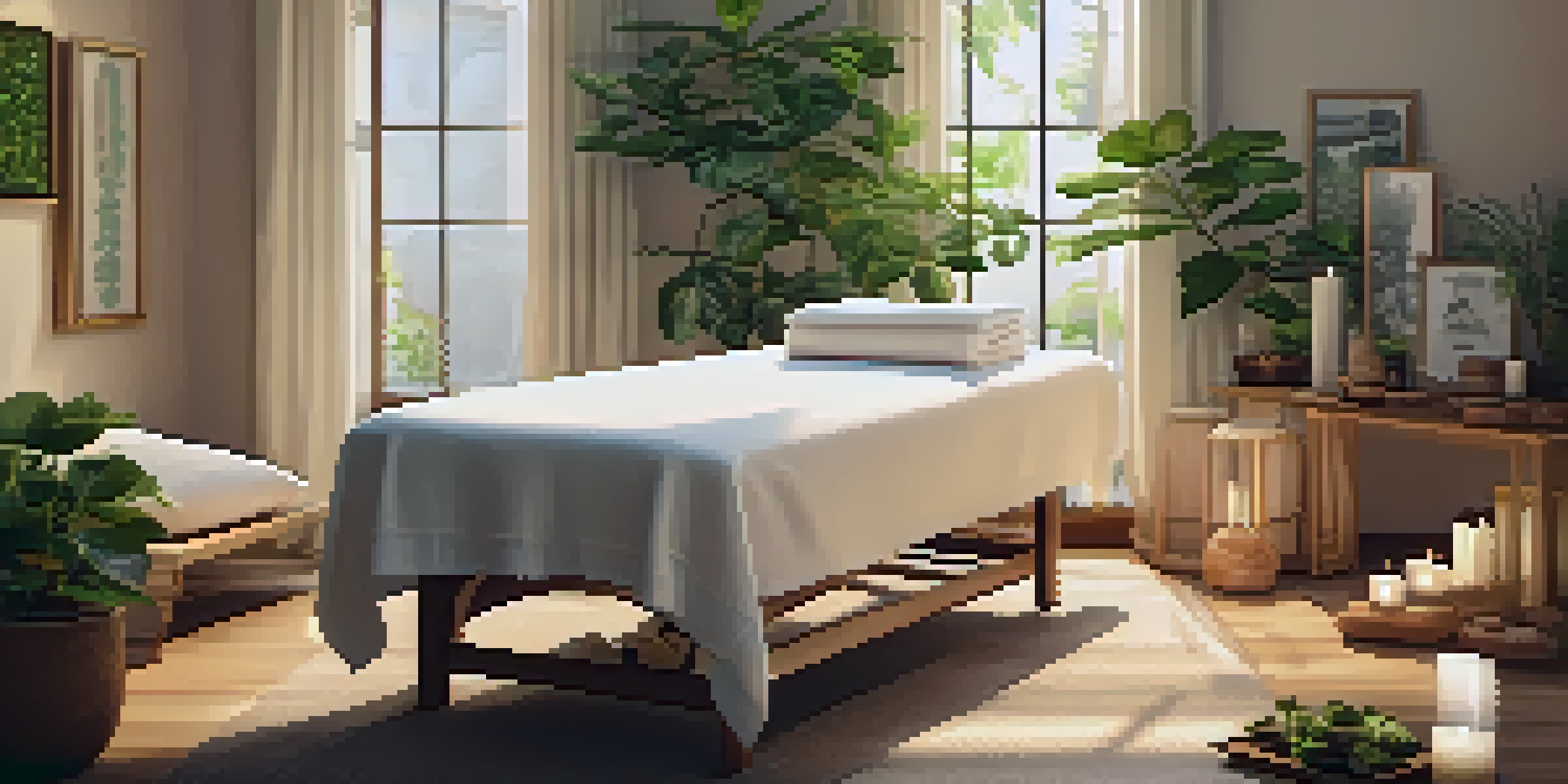 A peaceful spa room with soft lighting and a massage table, surrounded by plants and candles.