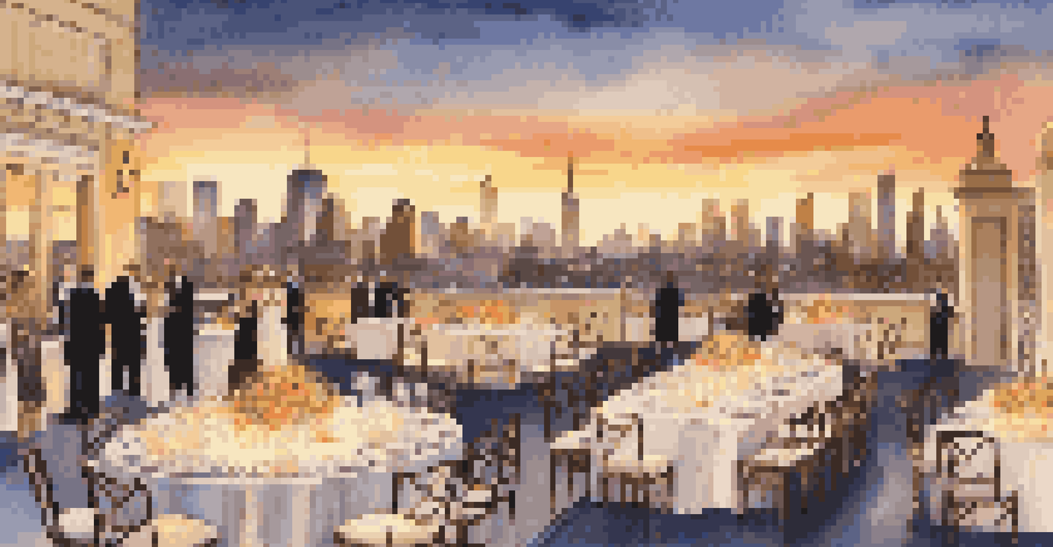 An outdoor gala at sunset with elegantly set tables and a vibrant city skyline in the background.