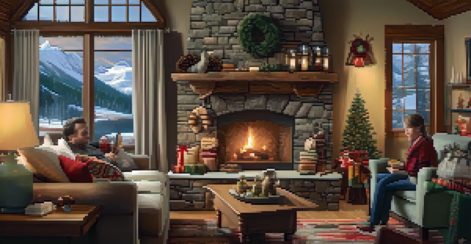 A family gathered in a luxurious mountain retreat playing a board game by the fireplace.