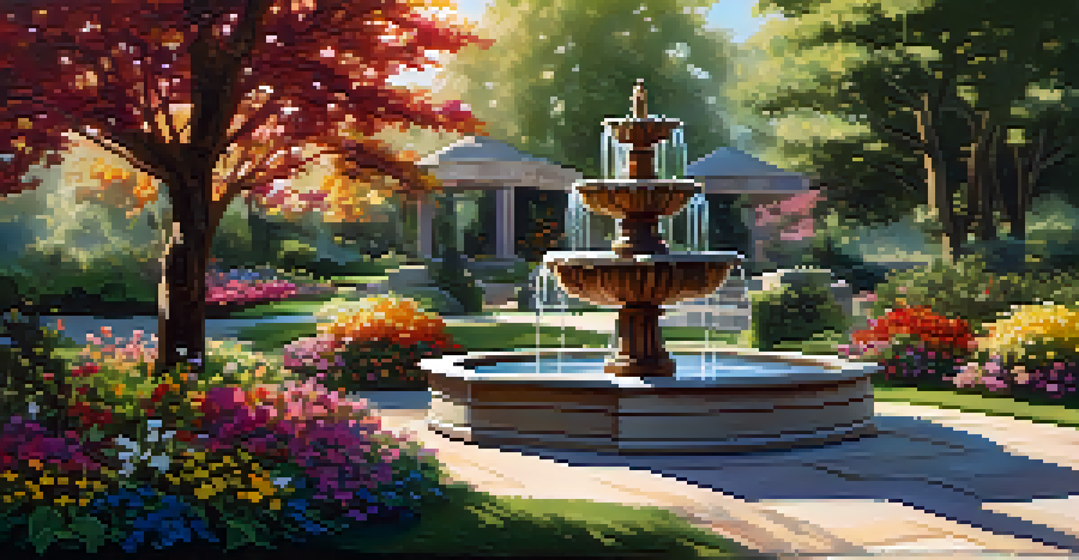 A tranquil garden with a fountain and a shallow pond where children play, surrounded by blooming flowers and sunlight filtering through trees.