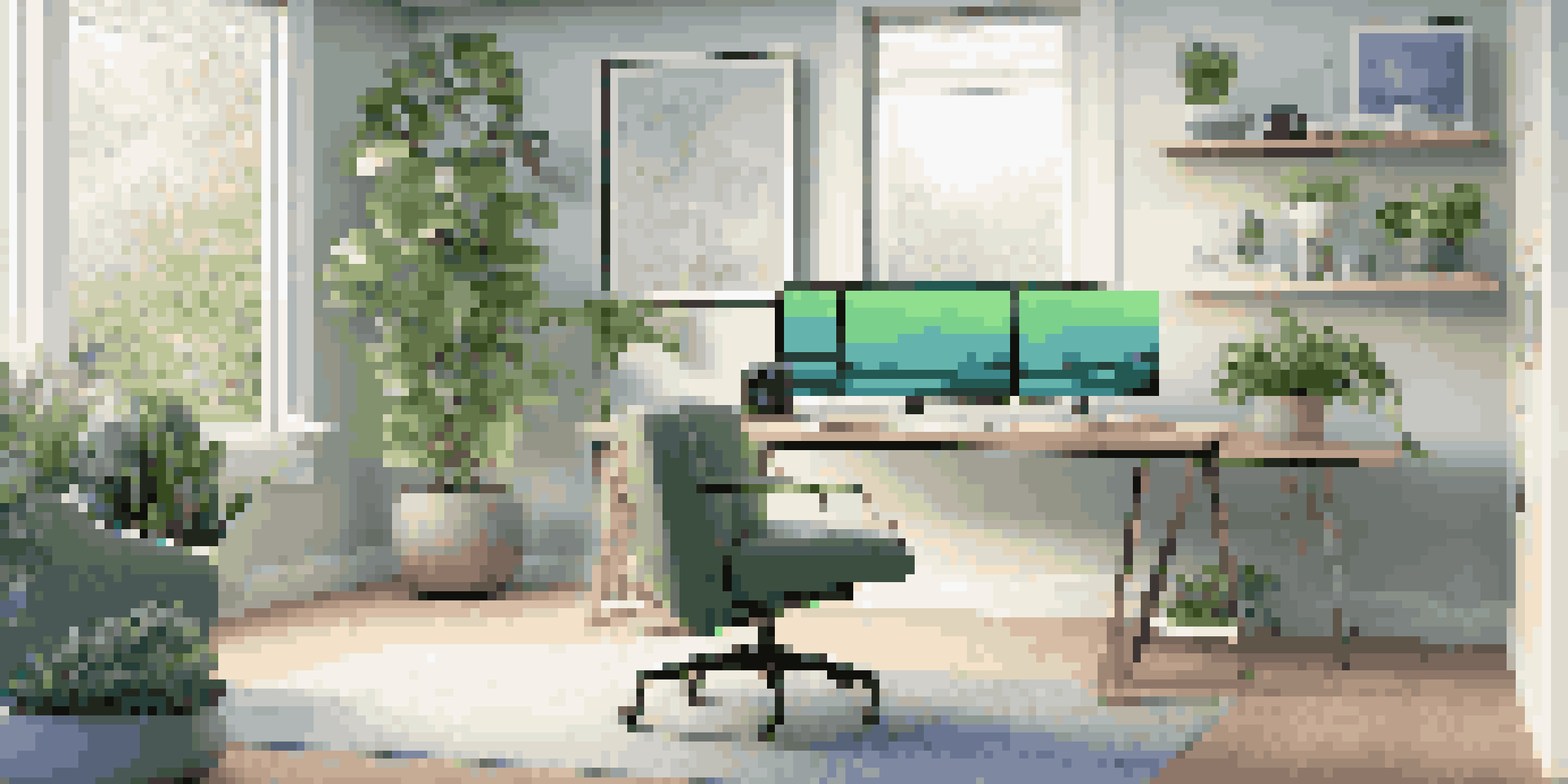 A modern smart home office with a desk, ergonomic chair, smart display monitor, and smart speaker, illuminated by adjustable smart lighting.