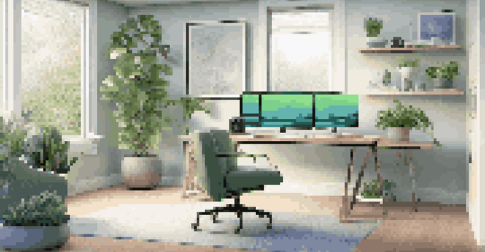 A modern smart home office with a desk, ergonomic chair, smart display monitor, and smart speaker, illuminated by adjustable smart lighting.