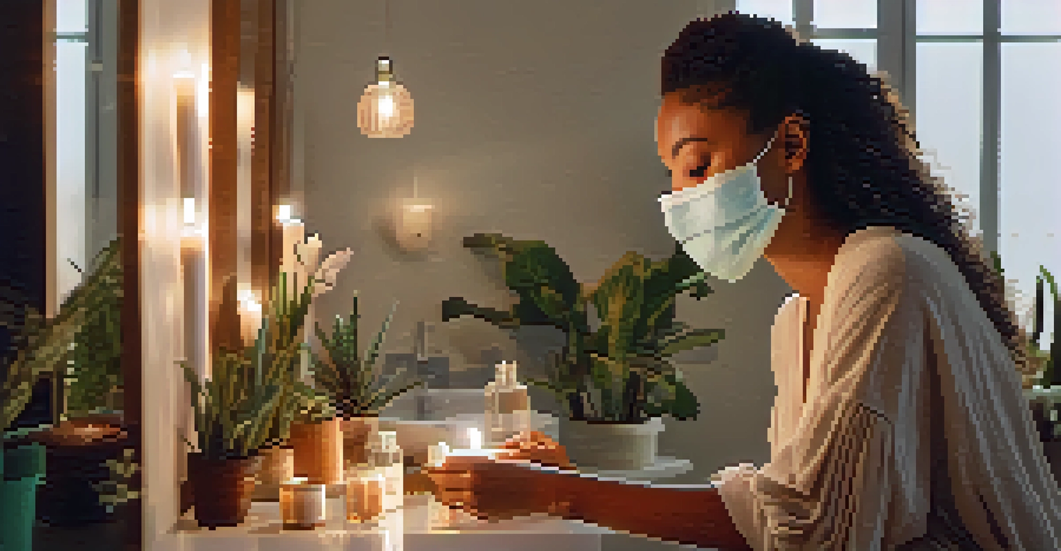 A woman enjoying a DIY face mask at her vanity, surrounded by candles and plants.