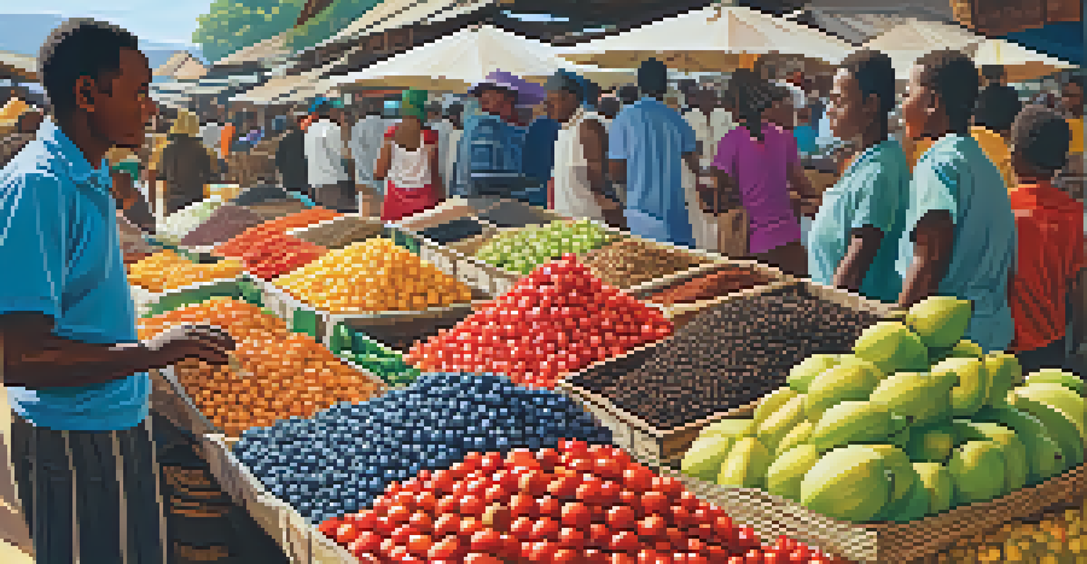 A lively local market in Madagascar filled with colorful fruits, spices, and crafts.