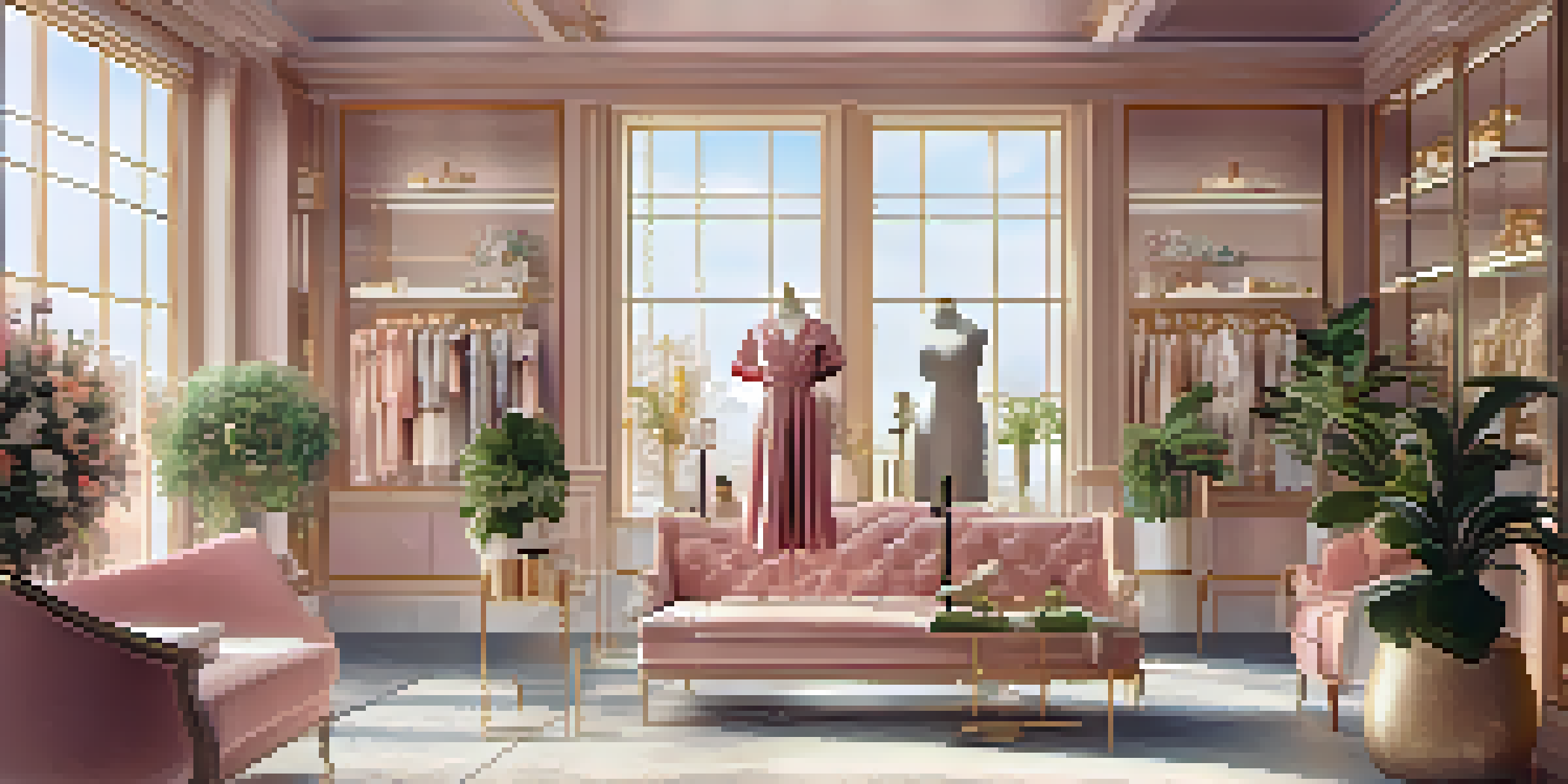 A luxurious boutique interior with soft pastel colors, sunlight filtering through large windows, and a mannequin displaying a chic outfit.