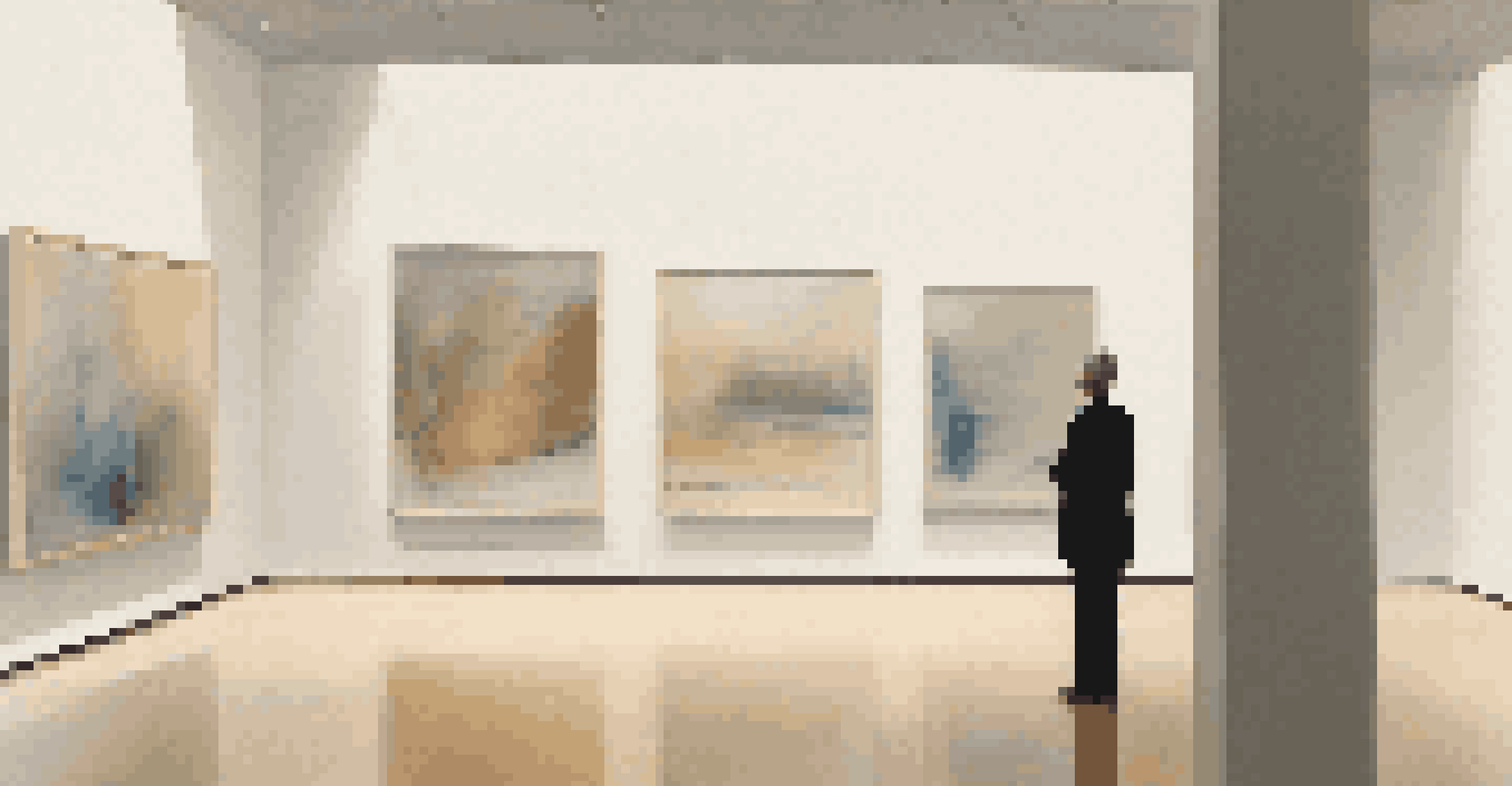 A collector admiring a large abstract painting in a softly-lit art gallery.