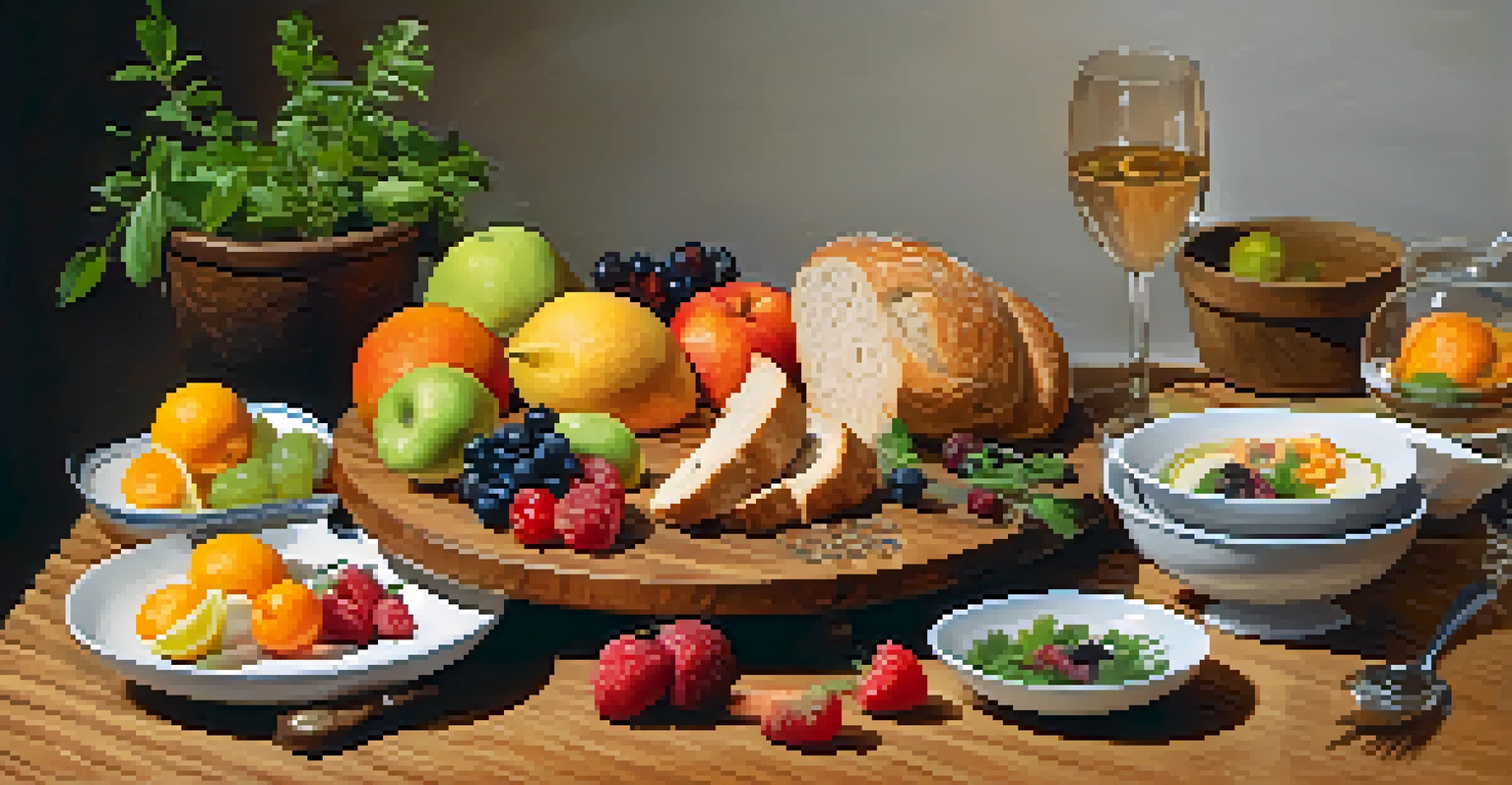 A gourmet meal beautifully presented on a wooden table with fruits and artisanal bread.
