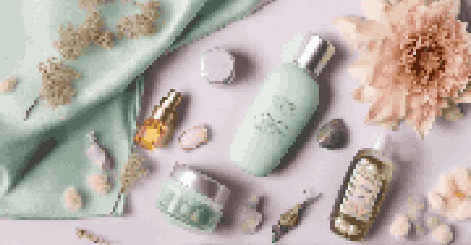 An artistic flat lay of luxury skincare products with a pastel background and dried flowers.