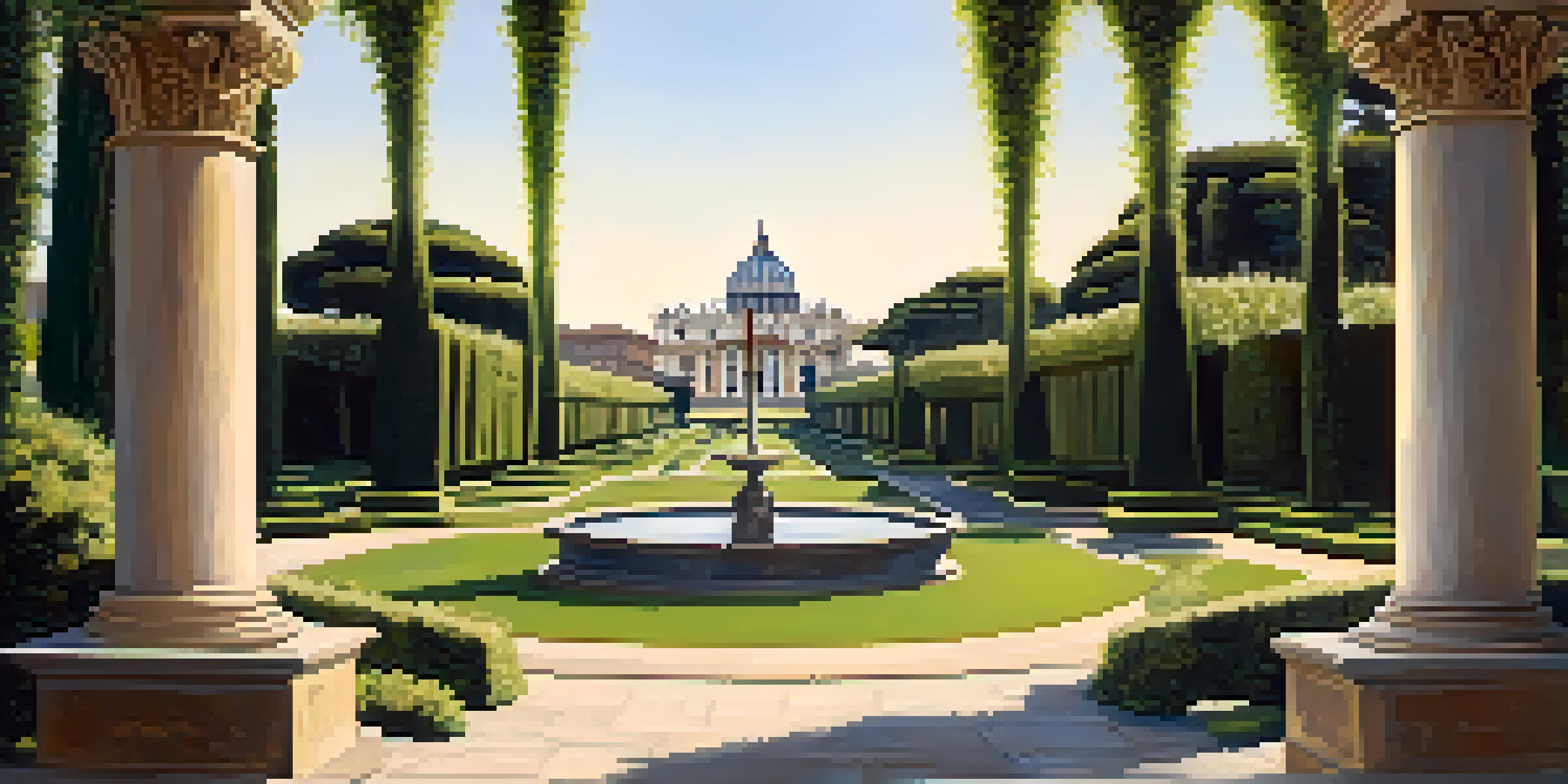 A peaceful scene of the Vatican Gardens with greenery, sculptures, and fountains under a clear sky.