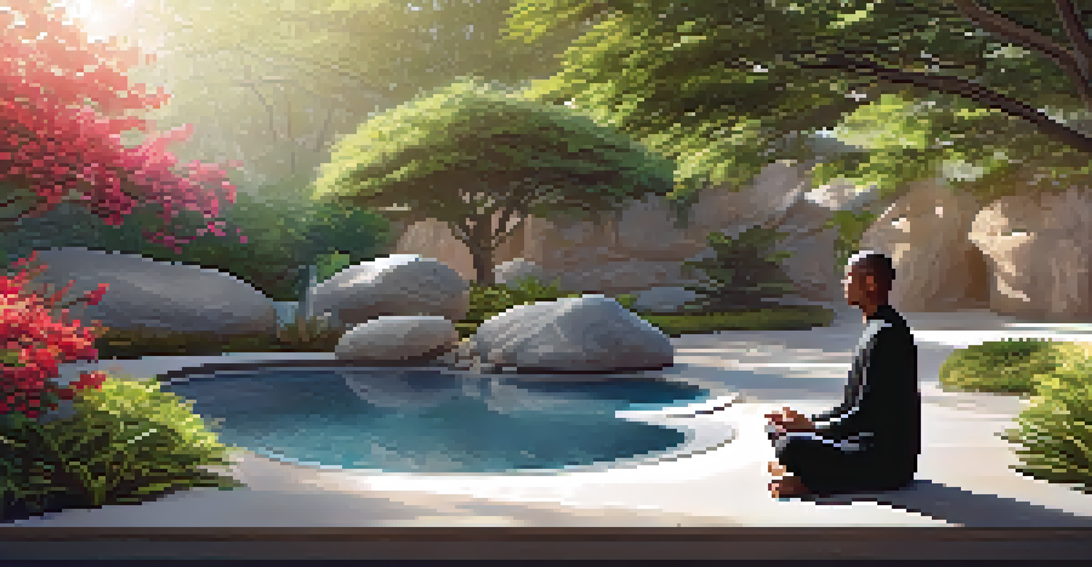 A tranquil meditation garden with a water feature, where a person is meditating peacefully on a mat, surrounded by vibrant flowers and dappled sunlight.