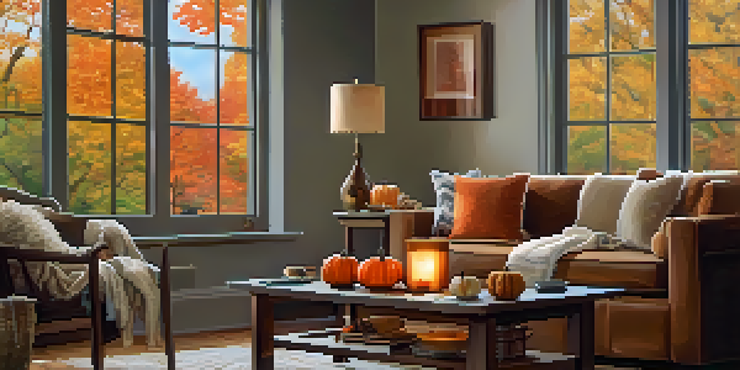 A warm autumn living room with a flickering candle on a coffee table, surrounded by pumpkins and leaves, and a view of colorful fall trees outside.