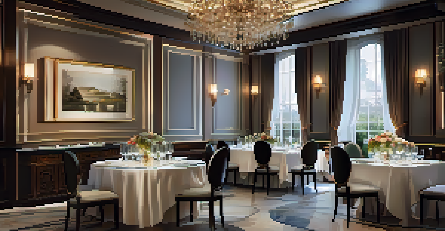 An elegantly arranged dining table in a luxury restaurant with fine china, crystal glassware, gourmet dishes, and ambient lighting.