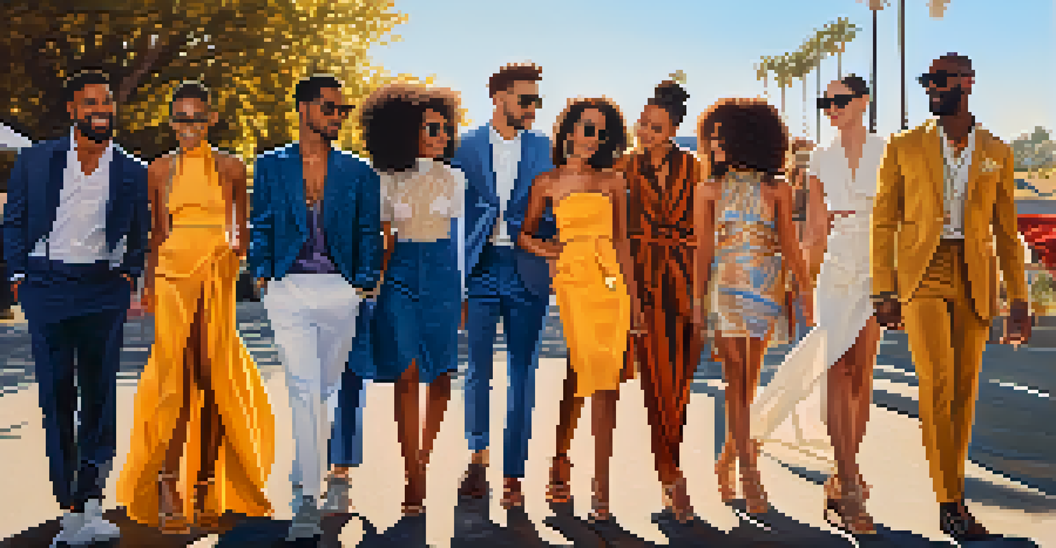 A diverse group of people in unique luxury outfits engage joyfully outdoors, showcasing personal styles and identities.