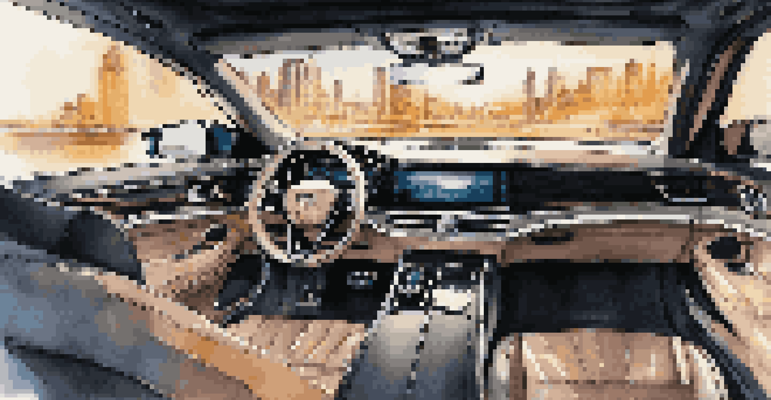 The interior of a luxury car with plush leather seats and high-tech displays against a blurred cityscape at night.