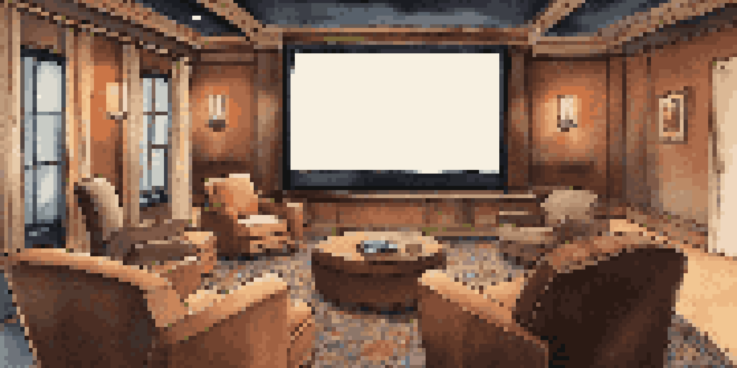 A cozy home theater with plush reclining seats and a large projector screen, dim lighting, and warm decor.