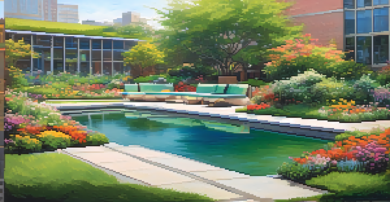 A lush intensive green roof garden oasis with flowering plants, shrubs, and a water feature, designed for relaxation.