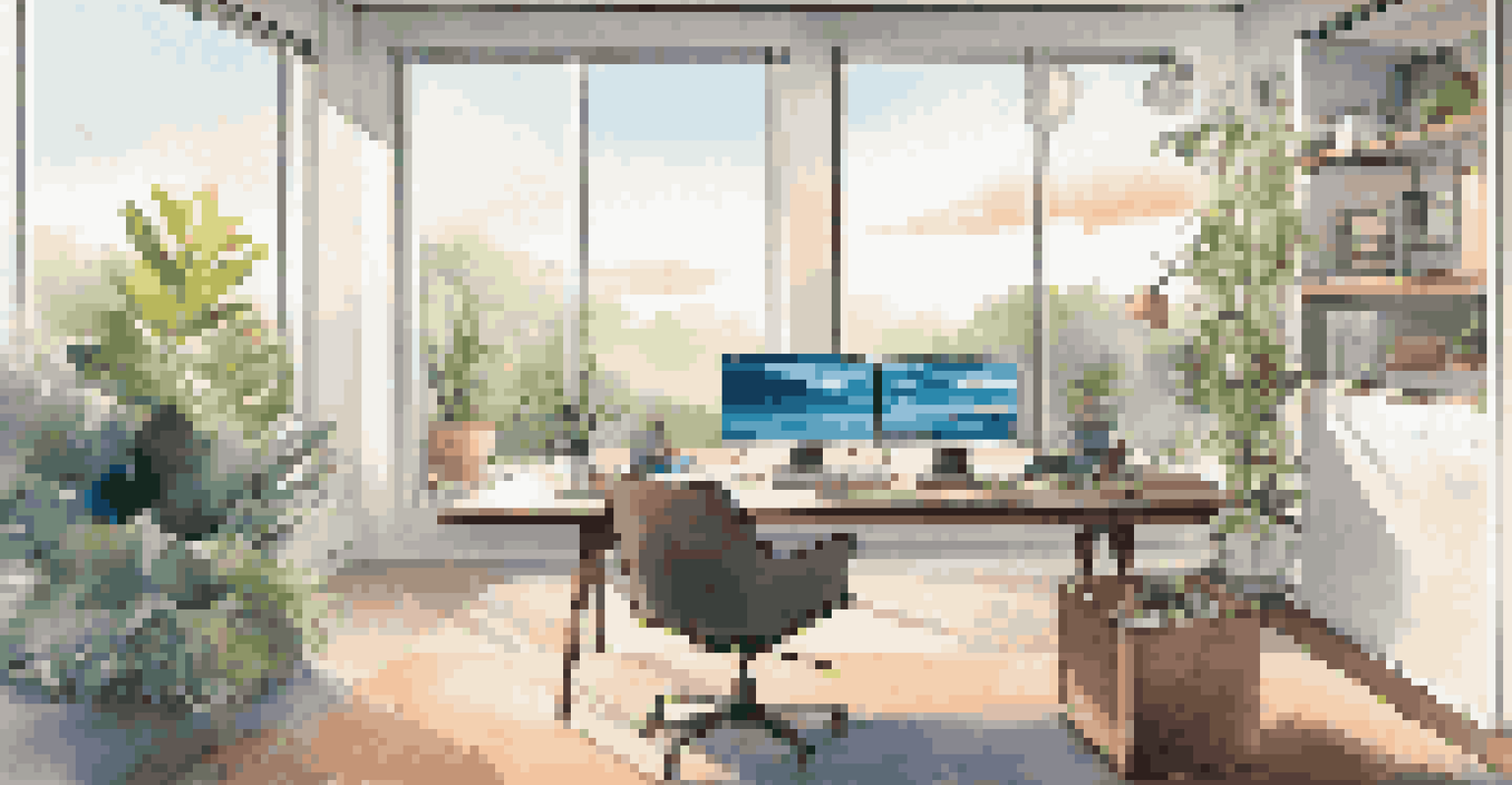 A modern home office with automated blinds, a virtual assistant on the desk, and an inspiring view, creating a bright and creative workspace.