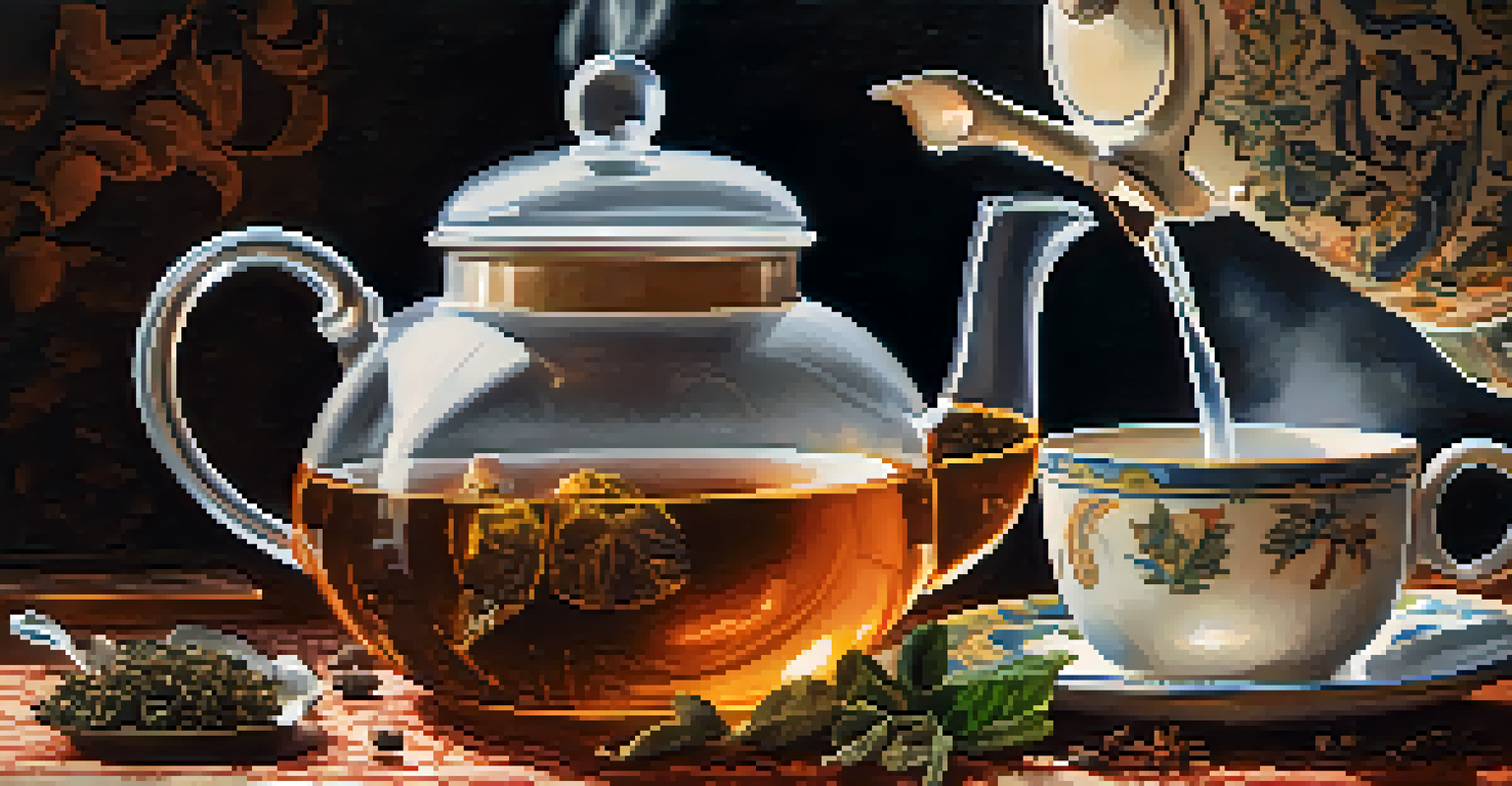 A hand pouring hot water over loose leaf tea in a ceramic teapot, with tea leaves and dried fruits scattered in the background.