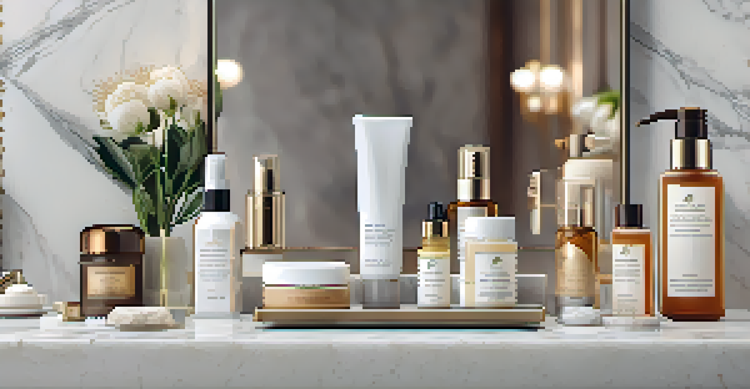 A close-up of a beauty treatment station with high-quality skincare products and tools on a marble countertop in soft lighting.