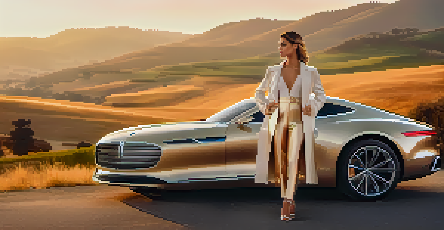 An influencer posing in front of a luxury car with a scenic background, highlighting elegance and lifestyle.