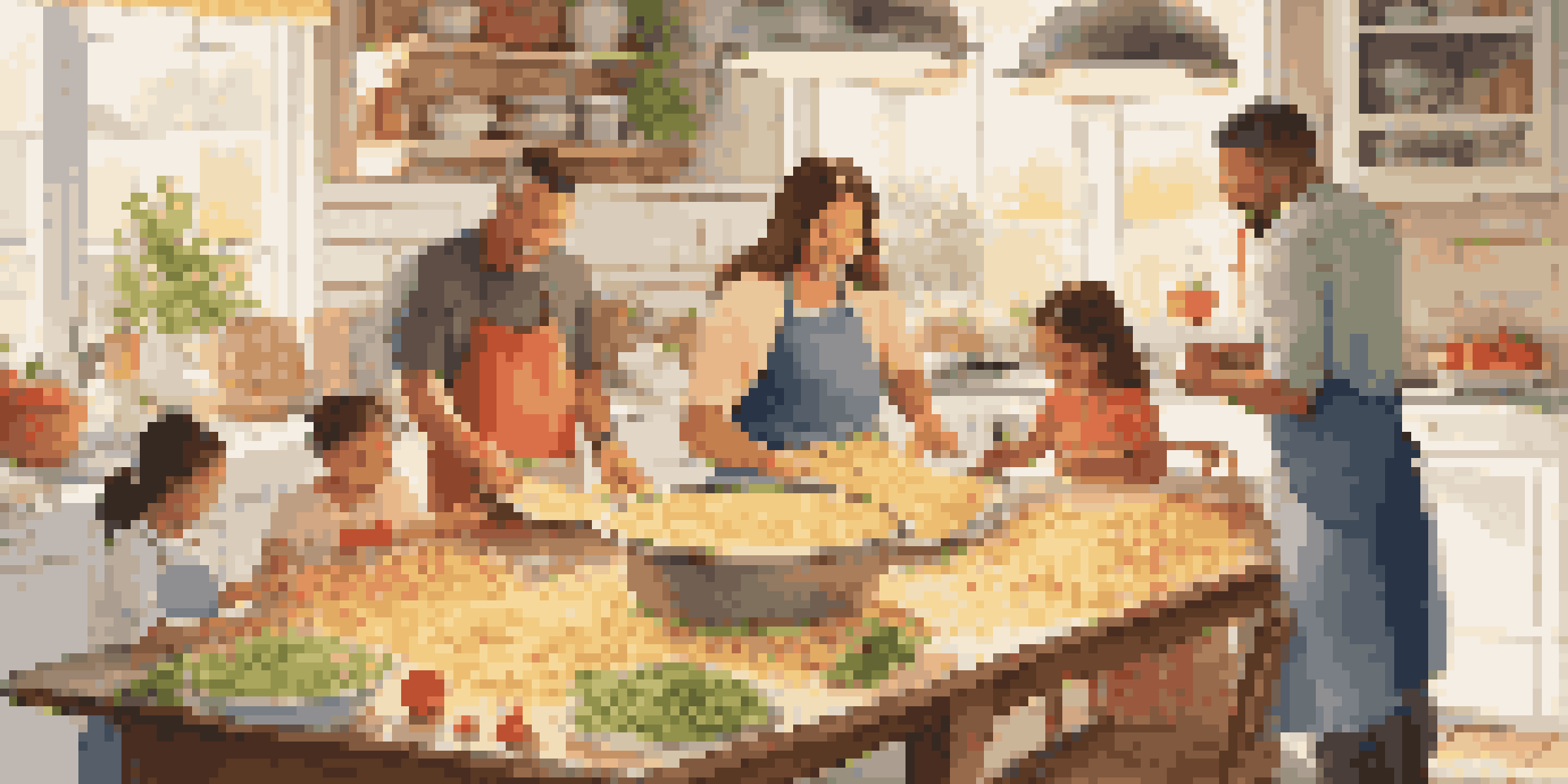 A family cooking together in a colorful kitchen, making fresh pasta with bright ingredients and sunlight streaming in.