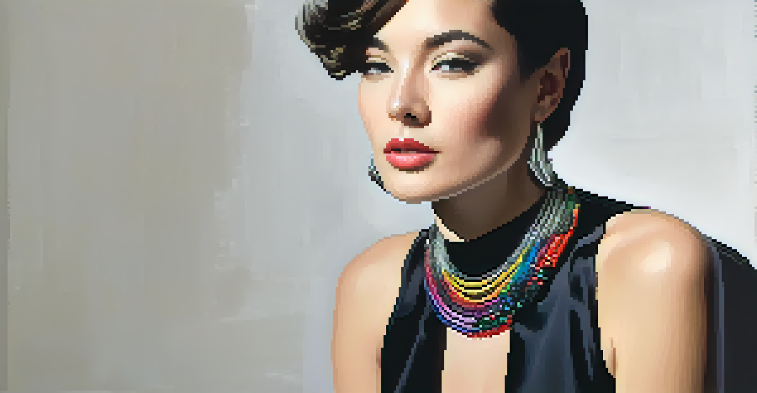 A woman in a black dress wearing a bold statement necklace, posing against a simple background with dramatic lighting.