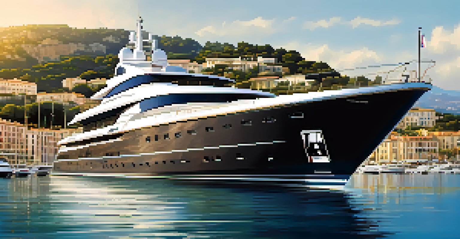 A luxurious yacht at the Cannes Yachting Festival with elegant design and guests dining on the deck, set against the French Riviera.