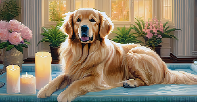 A golden retriever being pampered at a luxurious pet spa, lying on a plush bed with soft lighting and elegant decor around.