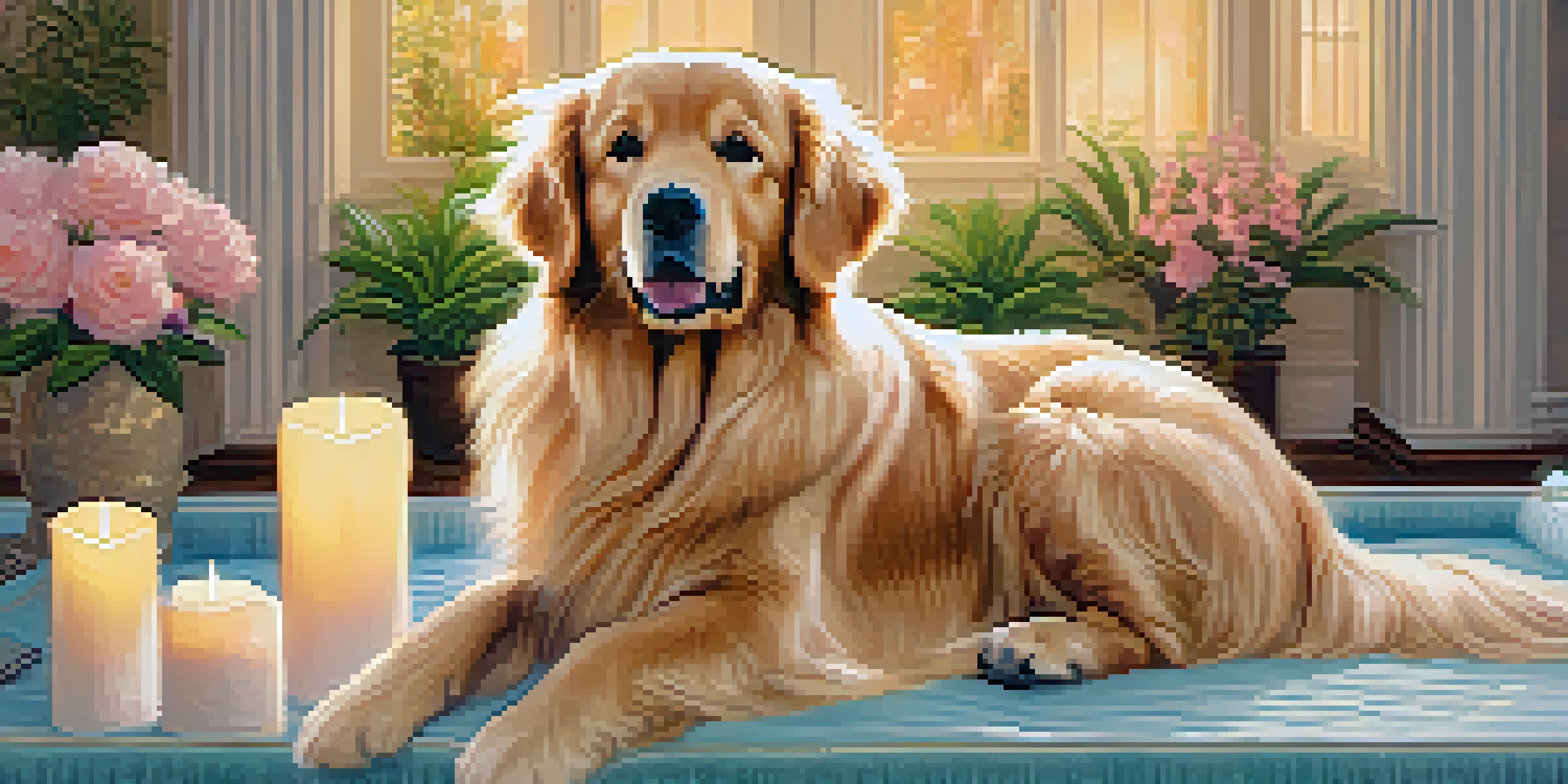 A golden retriever being pampered at a luxurious pet spa, lying on a plush bed with soft lighting and elegant decor around.