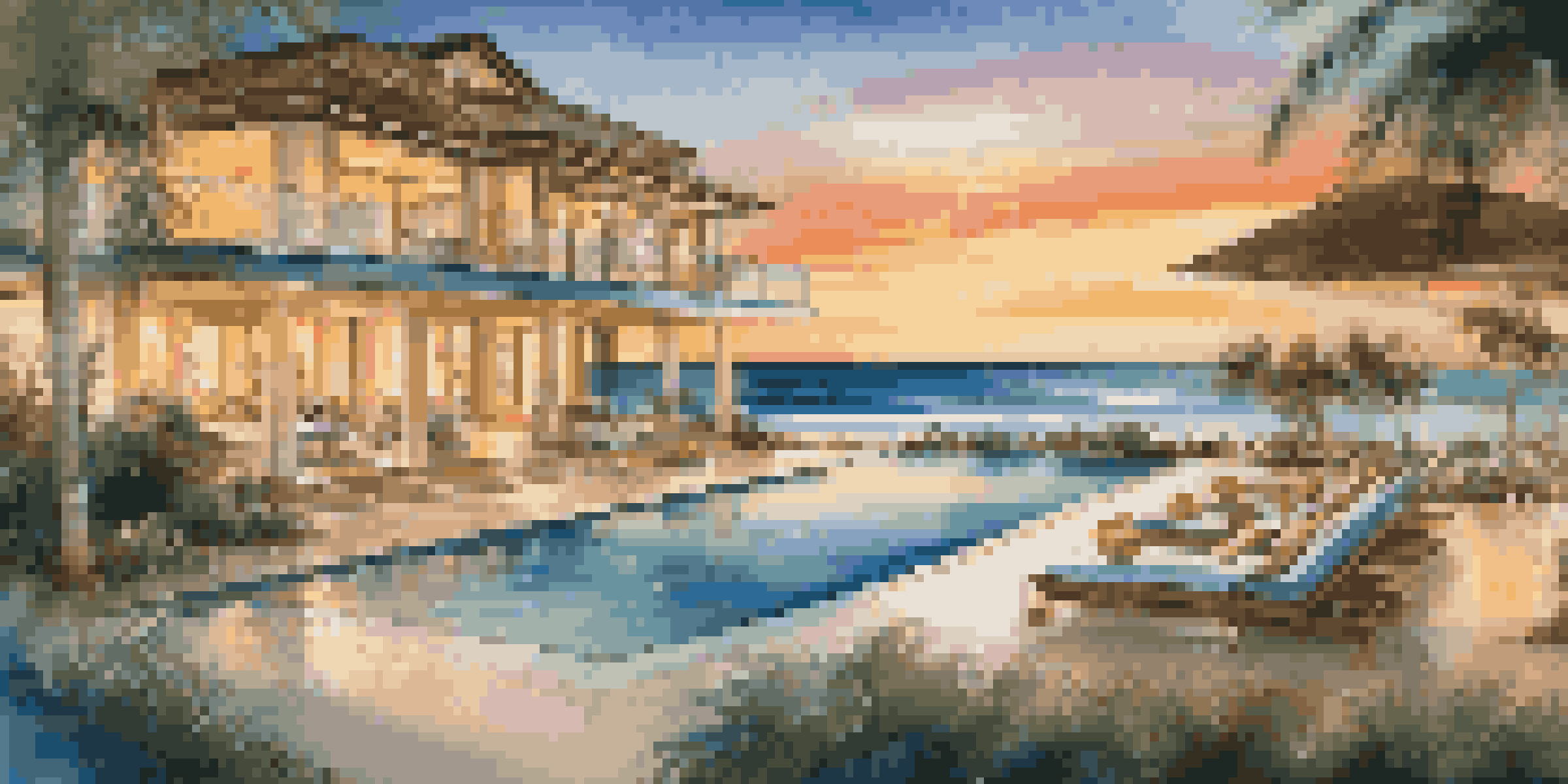 A luxurious beachfront villa with large glass walls and an infinity pool, surrounded by tropical plants during sunset.