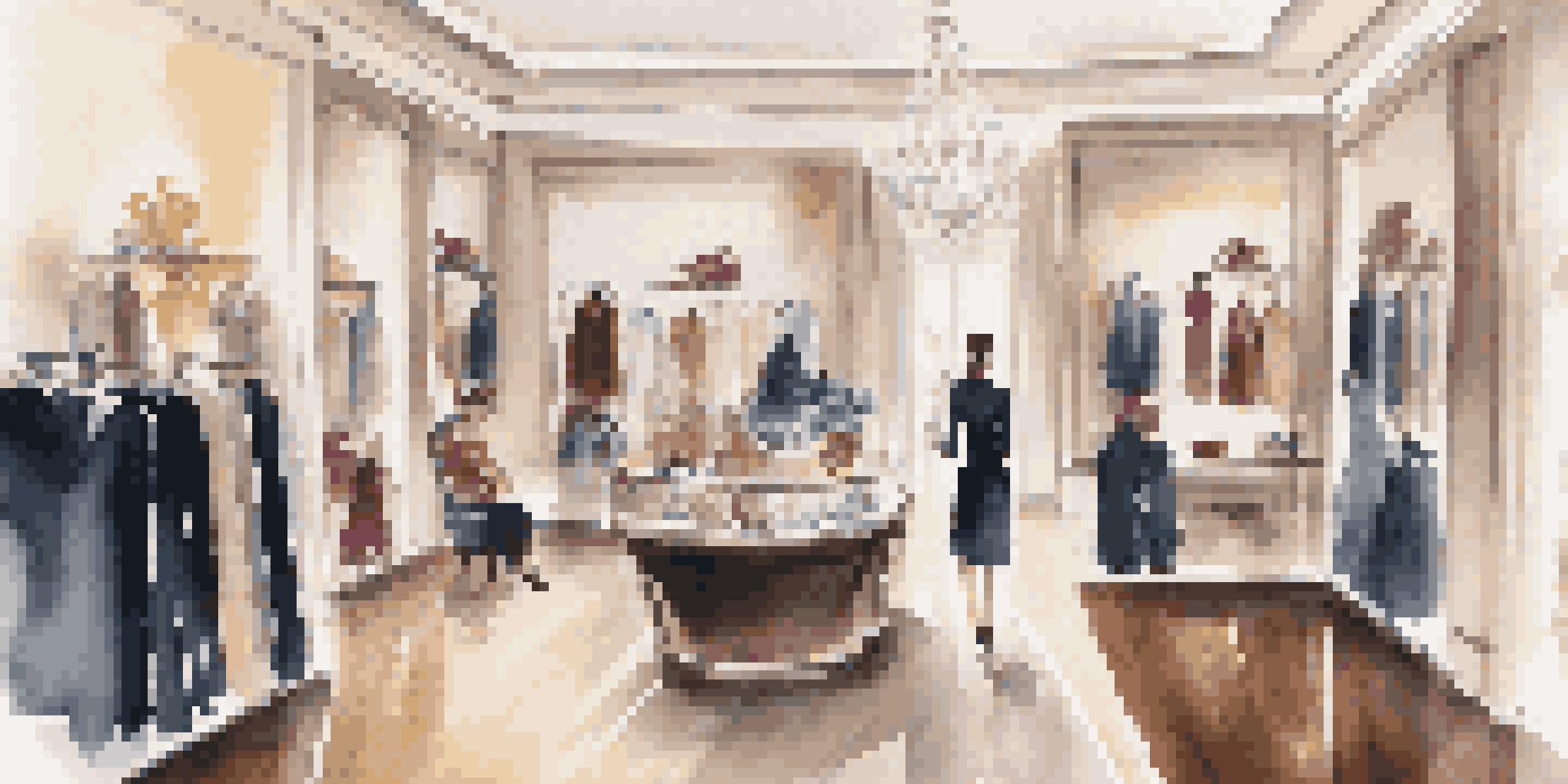 A woman in an elegant boutique, surrounded by luxury fashion items, showcasing a sophisticated shopping experience.