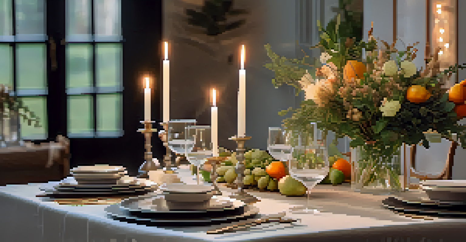 A beautifully arranged dinner table with eco-friendly dinnerware and organic fruits, illuminated by soft candlelight in a cozy dining room.