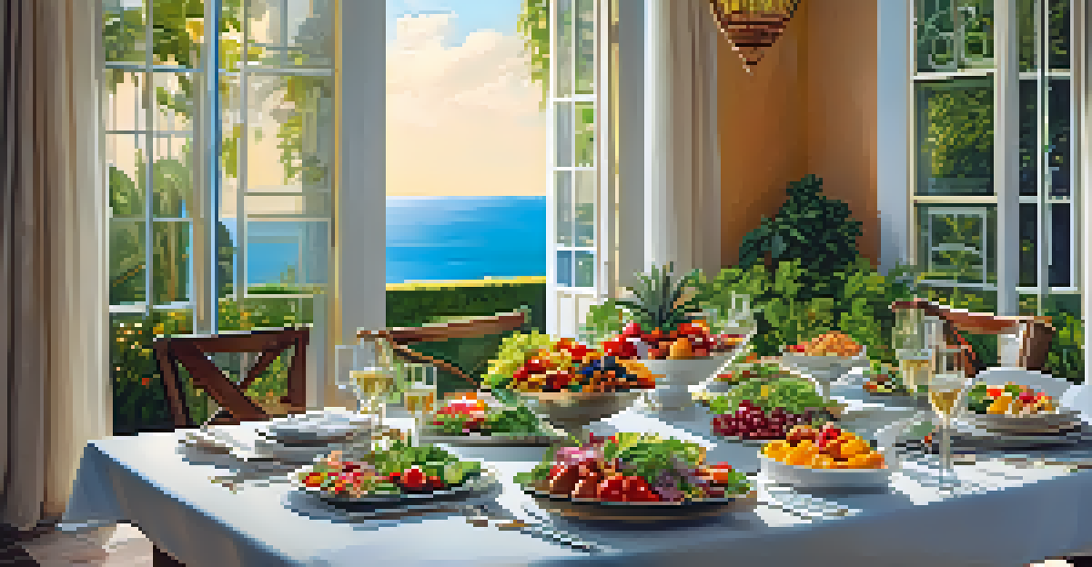 A beautifully arranged dining table with gourmet healthy meals in a lush garden setting at a luxury retreat.