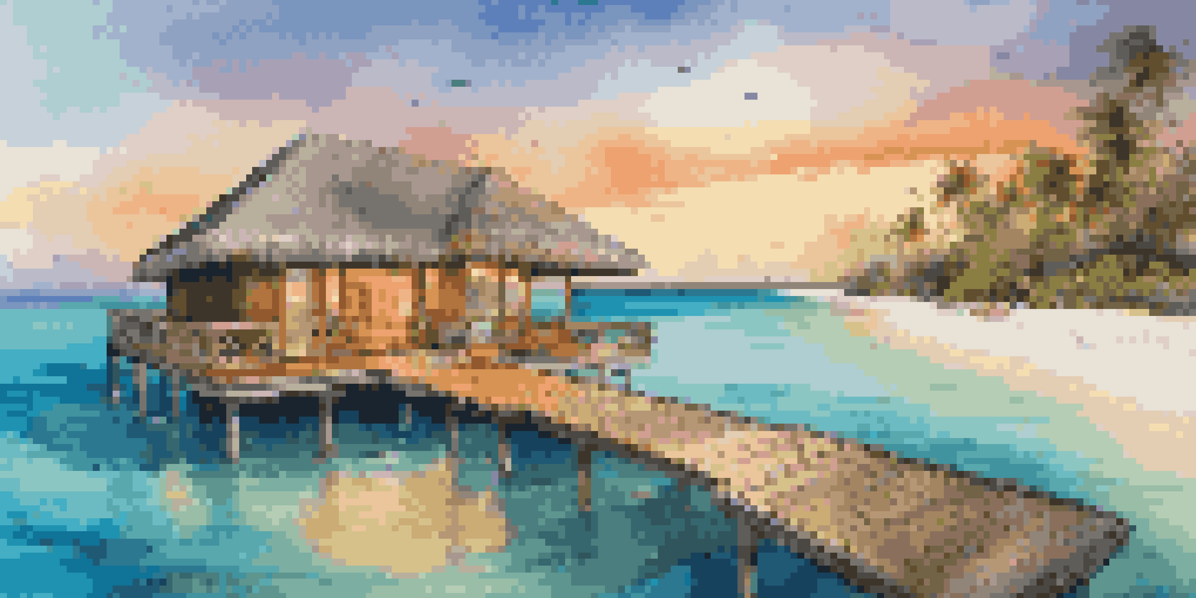 A stunning overwater bungalow in the Maldives with turquoise waters and vibrant marine life, illuminated by a golden sunset.